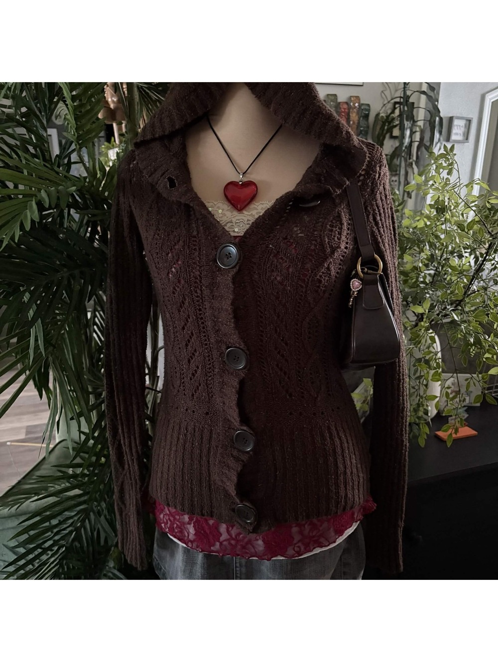 y2k brown hooded knit cardigan - Picture 1 of 4